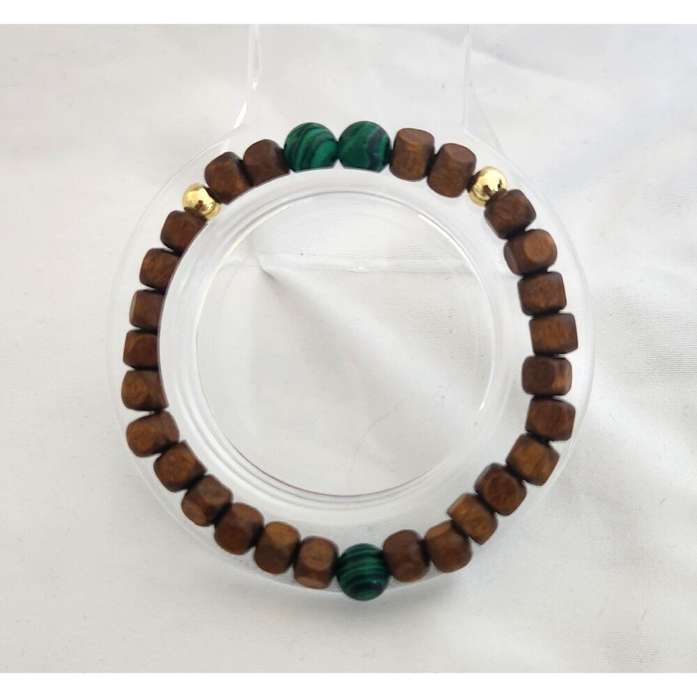 Wood Bead Bracelet w/ Malachite Gemstone Accents – Handmade